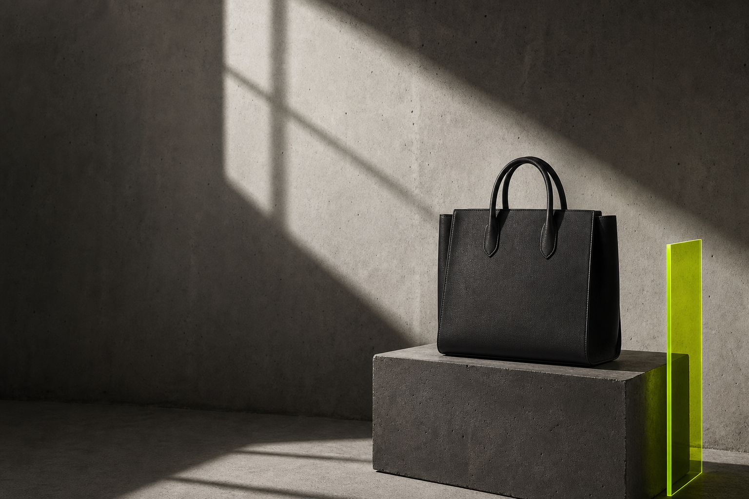 Black leather tote in a concrete studio
